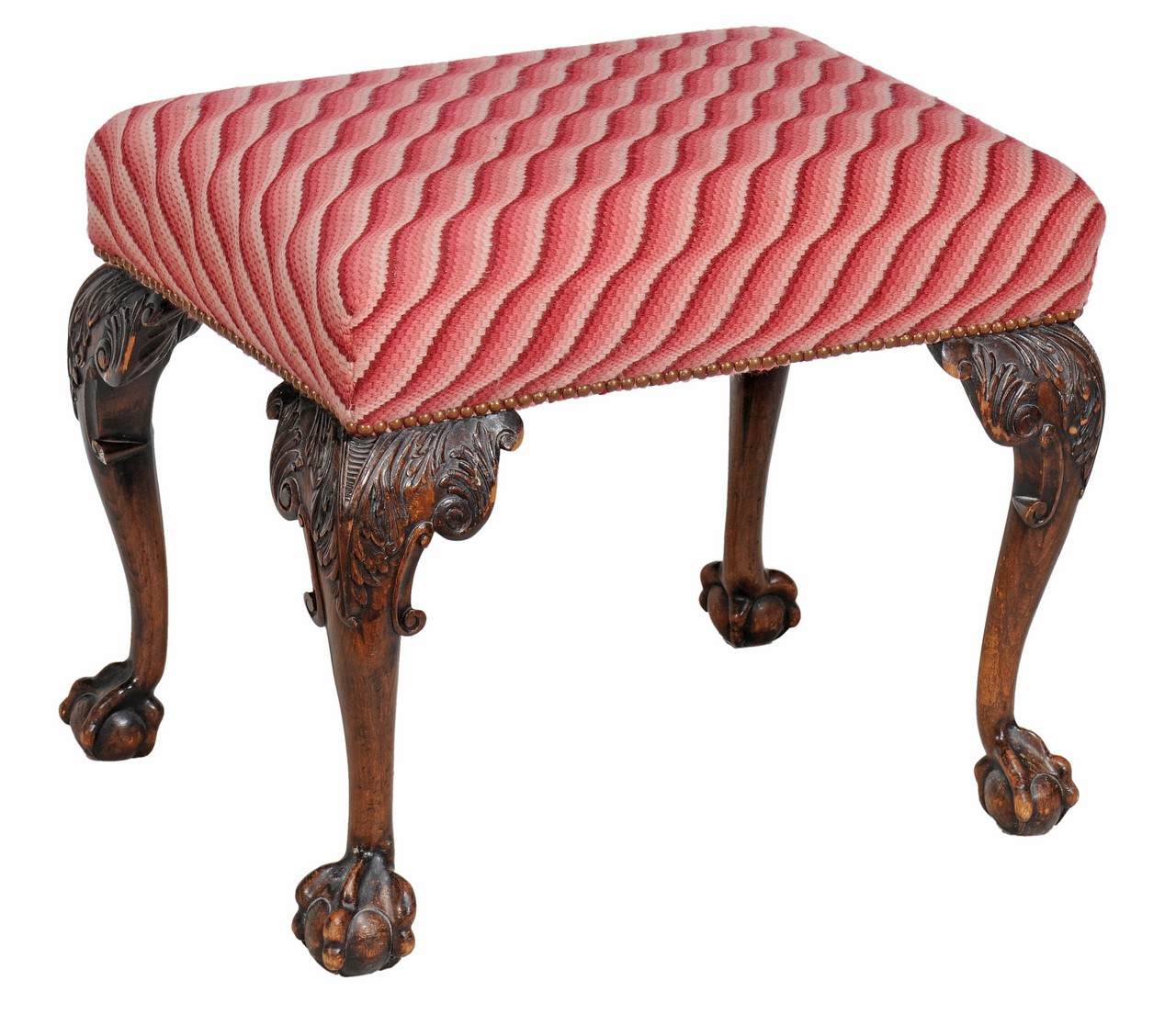 A beech framed and upholstered stool, in George II style, first half 20th century, upholstered seat,