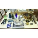 Tugrik pewter three piece tea set, brass candlesticks, Adaro model of a dog, Poole pottery dolphins,