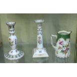 A Dresden porcelain candlestick, floral decorated, tapered square base, 18cm high, another inverse