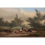 Johan Lodewijk van Leemputten (1840-1910) Poultry feeding in a landscape Oil on panel Signed and