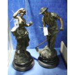 A pair of French bronzed spelter figures, of harvesters, 58cm high (2)