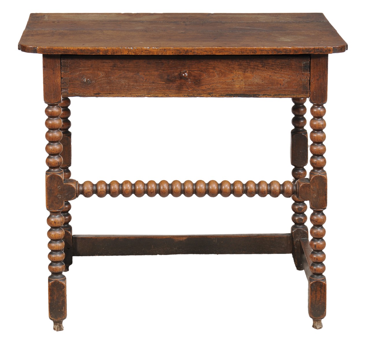 A William & Mary oak side table, circa 1690, the shaped top above single frieze drawer and bobbin