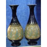 Pair of Edwardian Royal Doulton Slaters Patent stoneware vases, ovoid shaped with elongated neck,