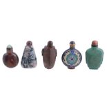 A group of five snuff bottles including three hardstone bottles  A group of five snuff bottles