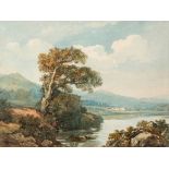 William Havell (1782-1857) - Gentleman fishing under a tree, with lake and mountains beyond