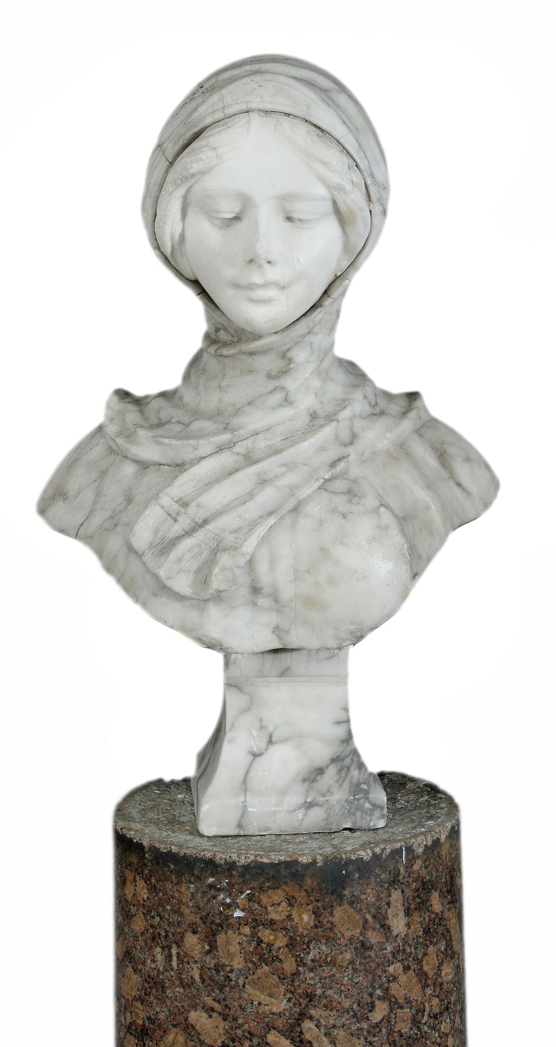 A carved grey veined white marble bust of a young girl, 20th century  A carved grey veined white - Image 2 of 2