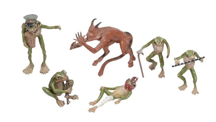 A set of five Austrian cold painted bronze models of frogs, early 20th century, in anthropomorphised