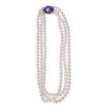 A three strand graduated cultured pearl necklace, composed of 5.8mm to 9 A three strand graduated