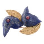 A French lapis lazuli bird clip brooch by Yui, designed as a pair of birds A French lapis lazuli