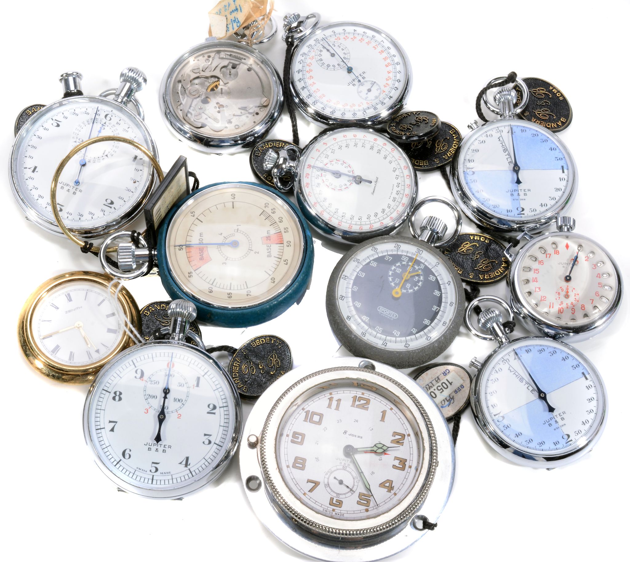 A collection of assorted stop watches, an alarm clock and a car clock  A collection of assorted stop