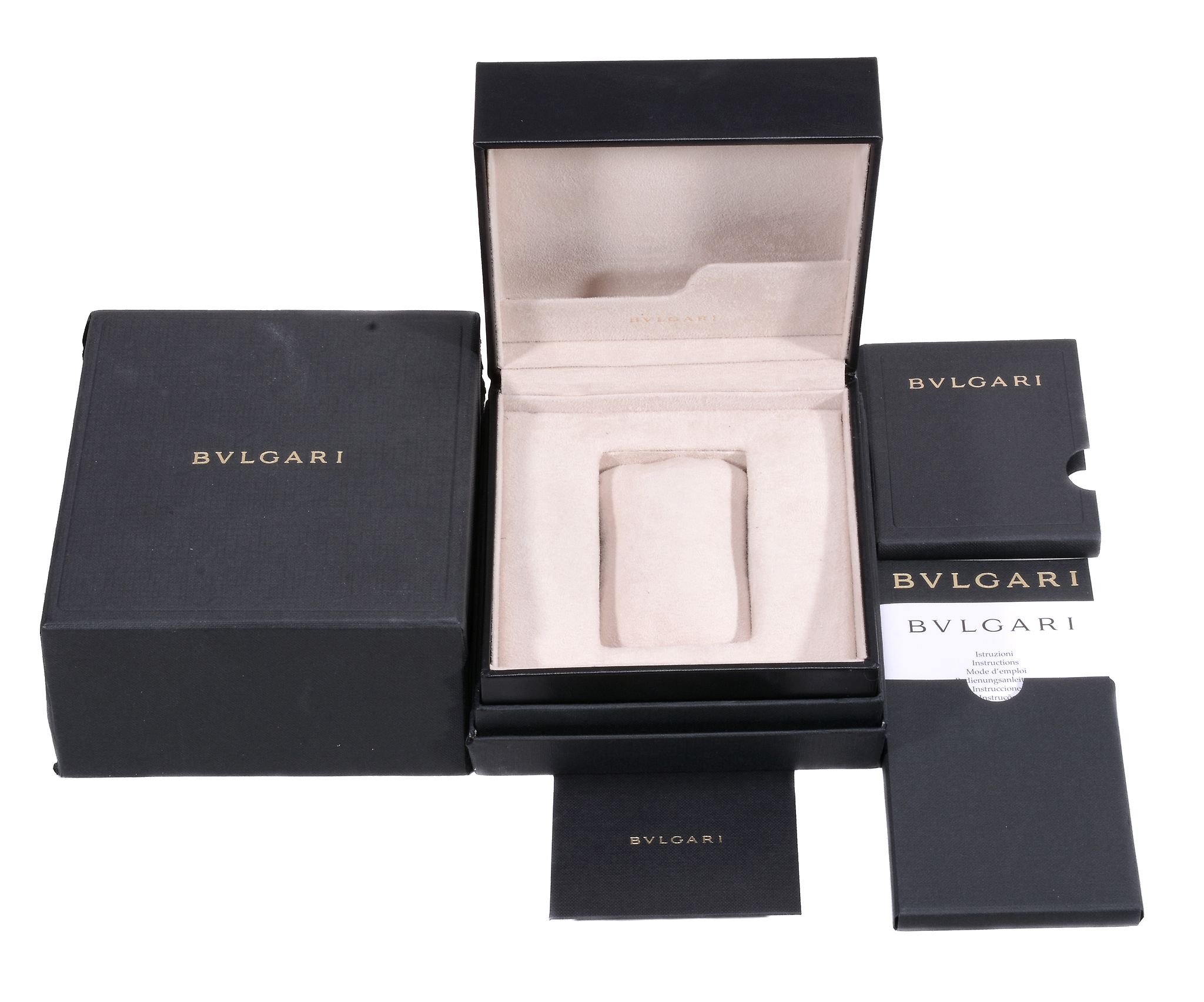 Bulgari, a black leather watch box, with outer card packaging  Bulgari, a black leather watch box,