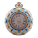 A small slim gold and polychrome enamel fob watch, retailed by Freundler  A small slim gold and