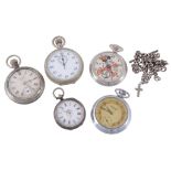 A collection of four pocket watches, a silver graduated curb link Albert...  A collection of four