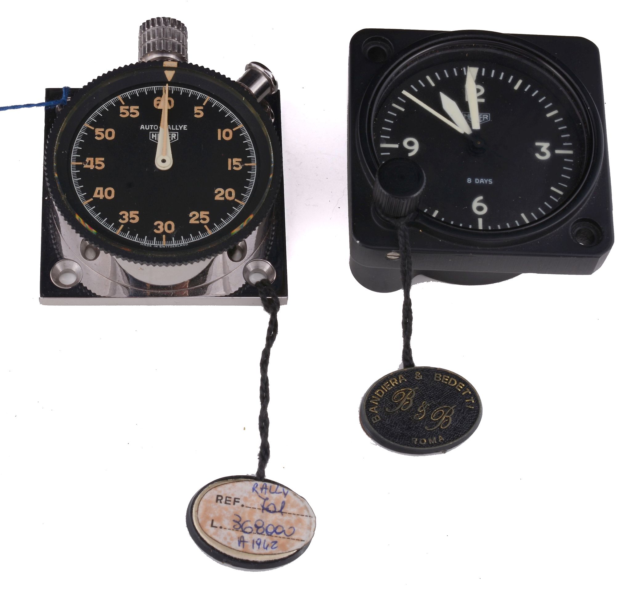 Heuer, two dash instruments, Auto Rallye, a stainless car dash timer  Heuer, two dash instruments,