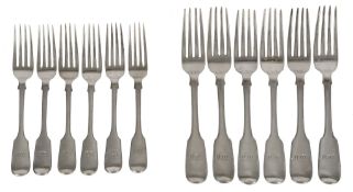 Six Victorian silver fiddle pattern table and six dessert forks  Six Victorian silver fiddle pattern