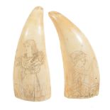 A pair of 19th century scrimshaw killer whale teeth  A pair of 19th century scrimshaw killer whale