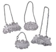 Four 19th century silver wine labels or bottle tickets  Four 19th century silver wine labels or