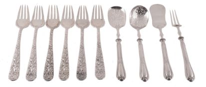 A set of six American silver coloured Repousse pattern pastry forks by Kirk...  A set of six