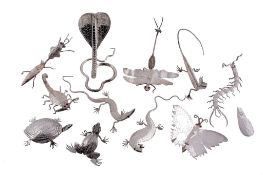 Eleven Indian silver coloured animals and insects, including  Eleven Indian silver coloured