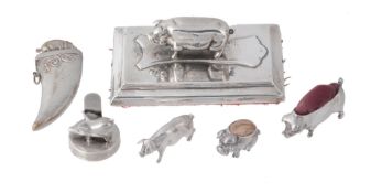 A collection of six silver and plated pigs, comprising  A collection of six silver and plated pigs,