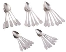 Five Russian silver coloured engraved fiddle pattern tea spoons  Five Russian silver coloured