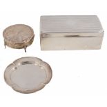 Three silver items, comprising: a quatrefoil dish by Atkin Bros  Three silver items,   comprising: a