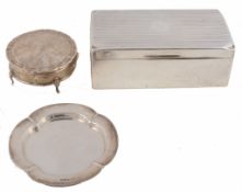 Three silver items, comprising: a quatrefoil dish by Atkin Bros  Three silver items,   comprising: a