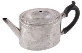 A George III silver straight-sided oval tea pot, apparently unmarked  A George III silver straight-