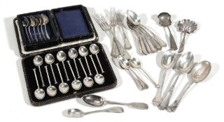 A collection of silver and silver coloured flatware, including  A collection of silver and silver