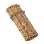 A George III gilt metal etui, the straight tapered necessaire worked in high...  A George III gilt