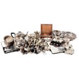 A quantity of plated wares and loose and boxed cutlery , in a large box  A quantity of plated