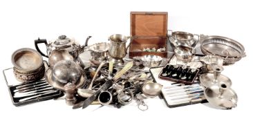 A quantity of plated wares and loose and boxed cutlery , in a large box  A quantity of plated