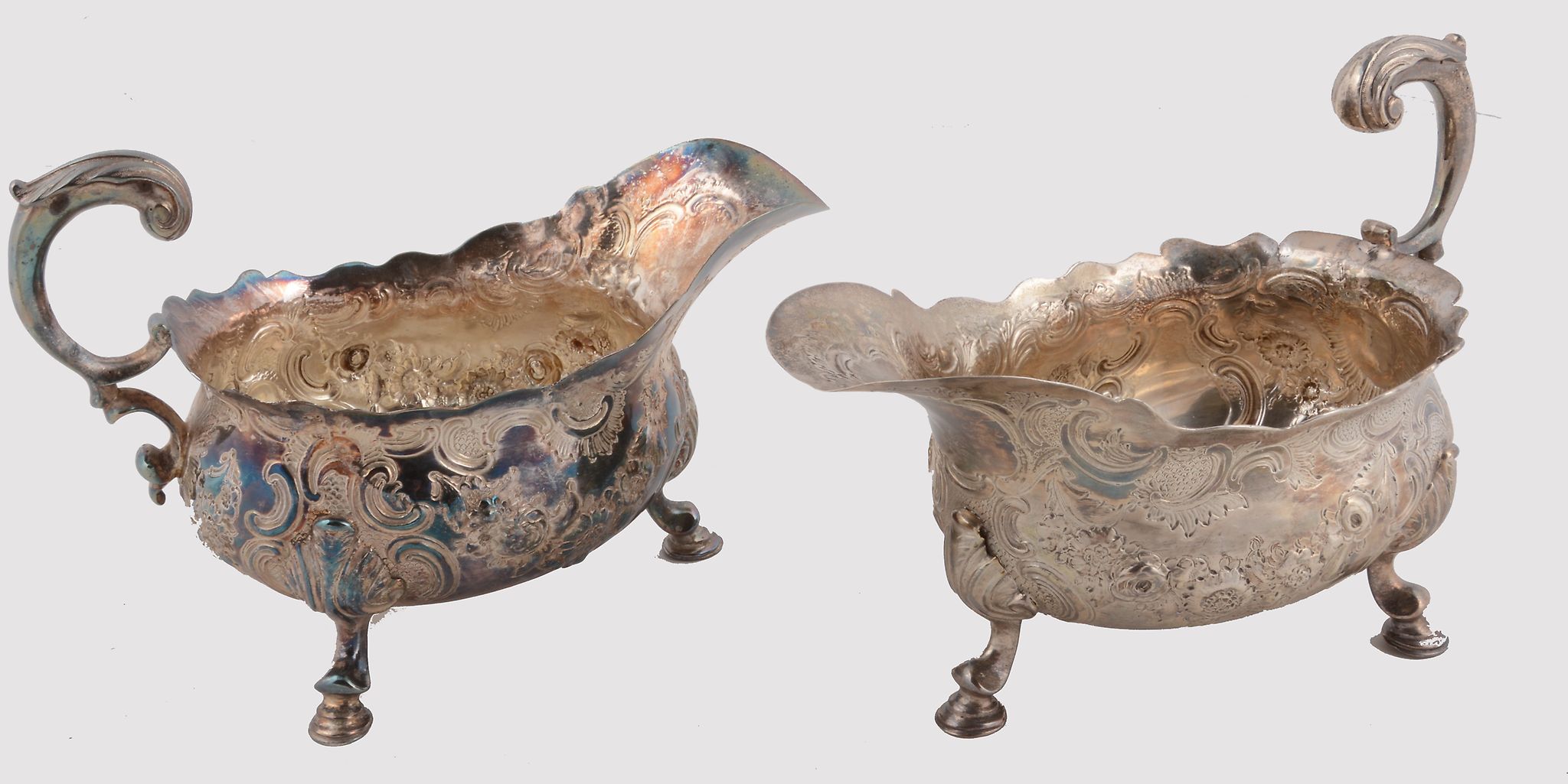 A pair of George II oval sauce boats, maker's mark R  A pair of George II oval sauce boats,