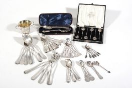 A collection of silver and silver coloured items mainly flatware  A collection of silver and