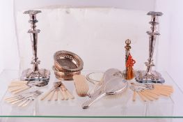 A silver four piece dressing table set, Birmingham 1914; and various plated...  A silver four