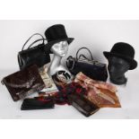 A collection of Vintage Accessories. Comprising bags, belts, scarves, ties, hairbands, a top hat and
