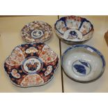 An Imari bowl, 25cm in diameter, two Imari plates and a crackle glaze bowl 23cm in diameter (4) (