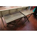 Four pine trestle tables, an occasional table and an oak tub chair Best Bid