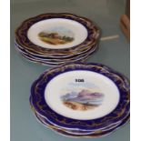 Wedgwood cabinet plates, blue and gilt borders, painted with landscapes, titled to reverse (8)