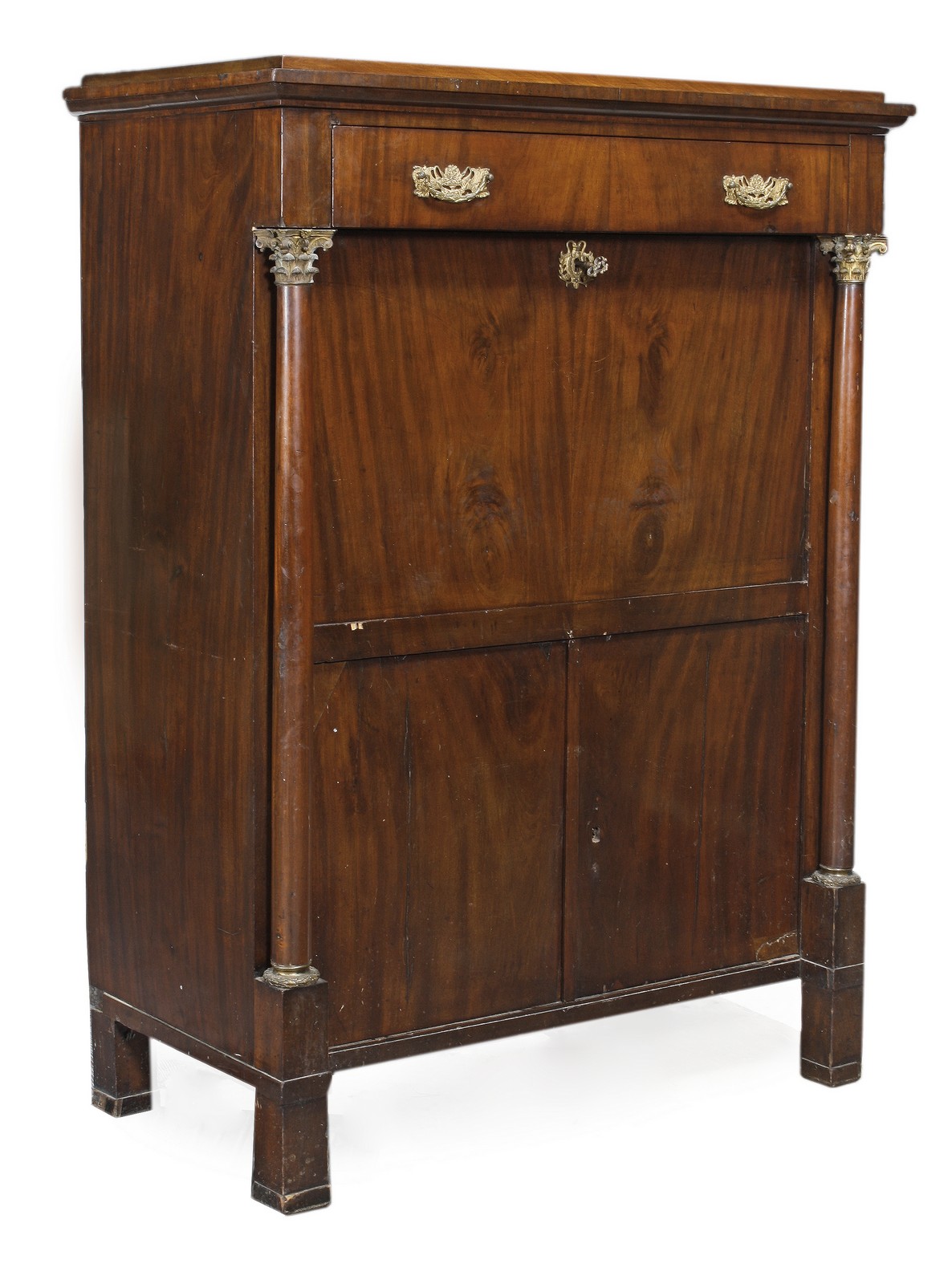 A Louis Philippe mahogany and gilt metal mounted secretaire abbatant, circa 1840, the moulded