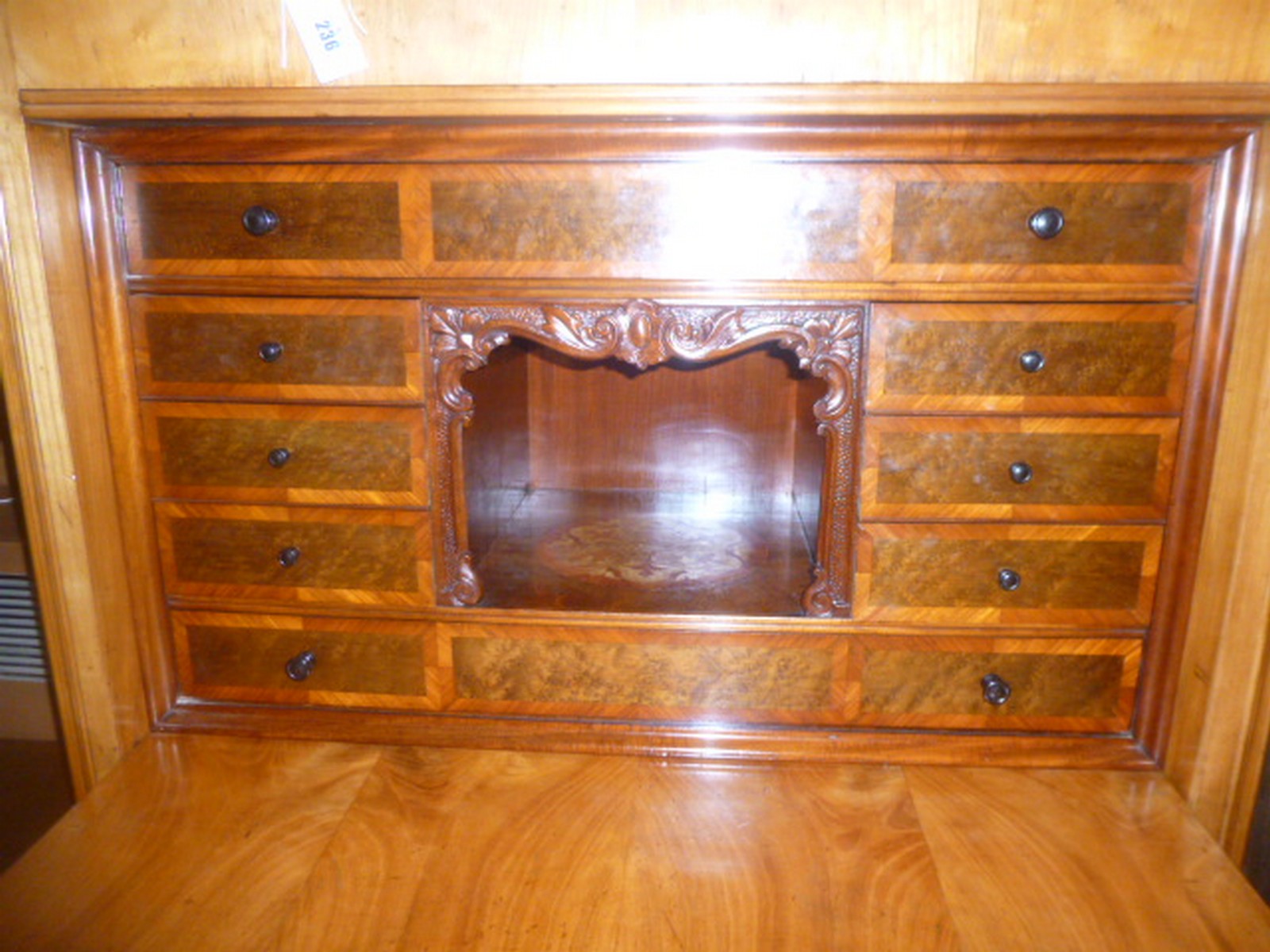 An Austrian birch and burr maple secretaire a abbatant, circa 1830-40, with carved crest over a - Image 8 of 8