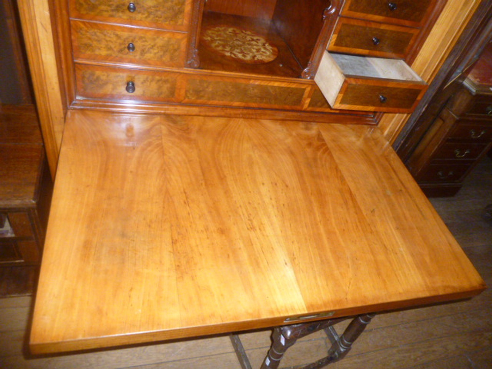 An Austrian birch and burr maple secretaire a abbatant, circa 1830-40, with carved crest over a - Image 7 of 8