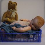 An Armand Marseille 'My Dream Baby' bisque socket head doll, composition body and limbs, with blue
