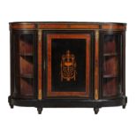 A Victorian ebonised and burr walnut side cabinet, circa 1870, the top with applied gilt metal