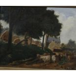 In the manner of Professor Alphonse Legros Cattle and drover by a farmhouse Oil on board Signed