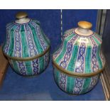 A pair of large Iznik pottery urns with covers, turquoise and blue stripped, 35cm high approx.