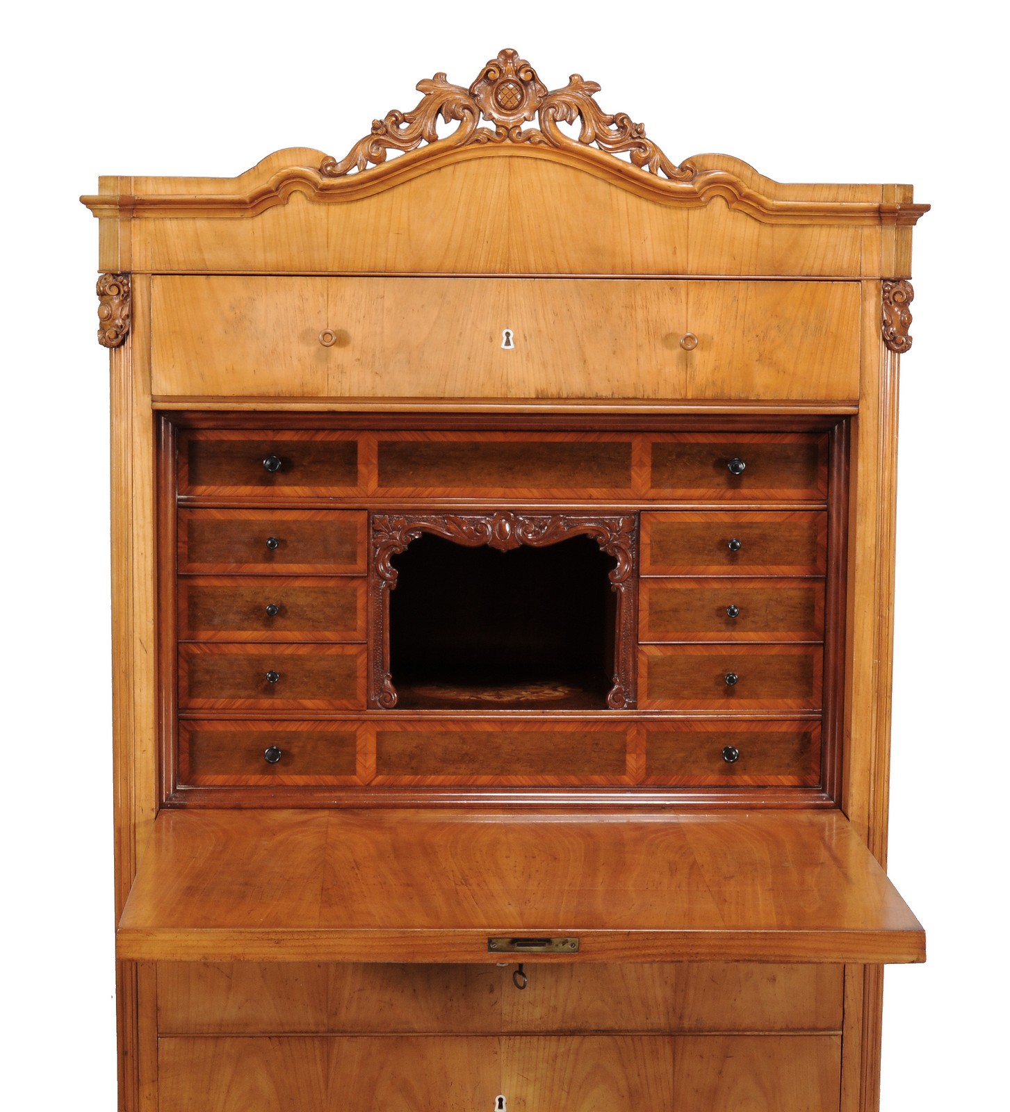 An Austrian birch and burr maple secretaire a abbatant, circa 1830-40, with carved crest over a - Image 3 of 8