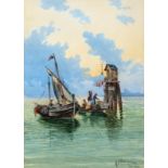 A. Polidori (fl. late 19th/early 20th century) Fishing boats mooring outside Venice Watercolour
