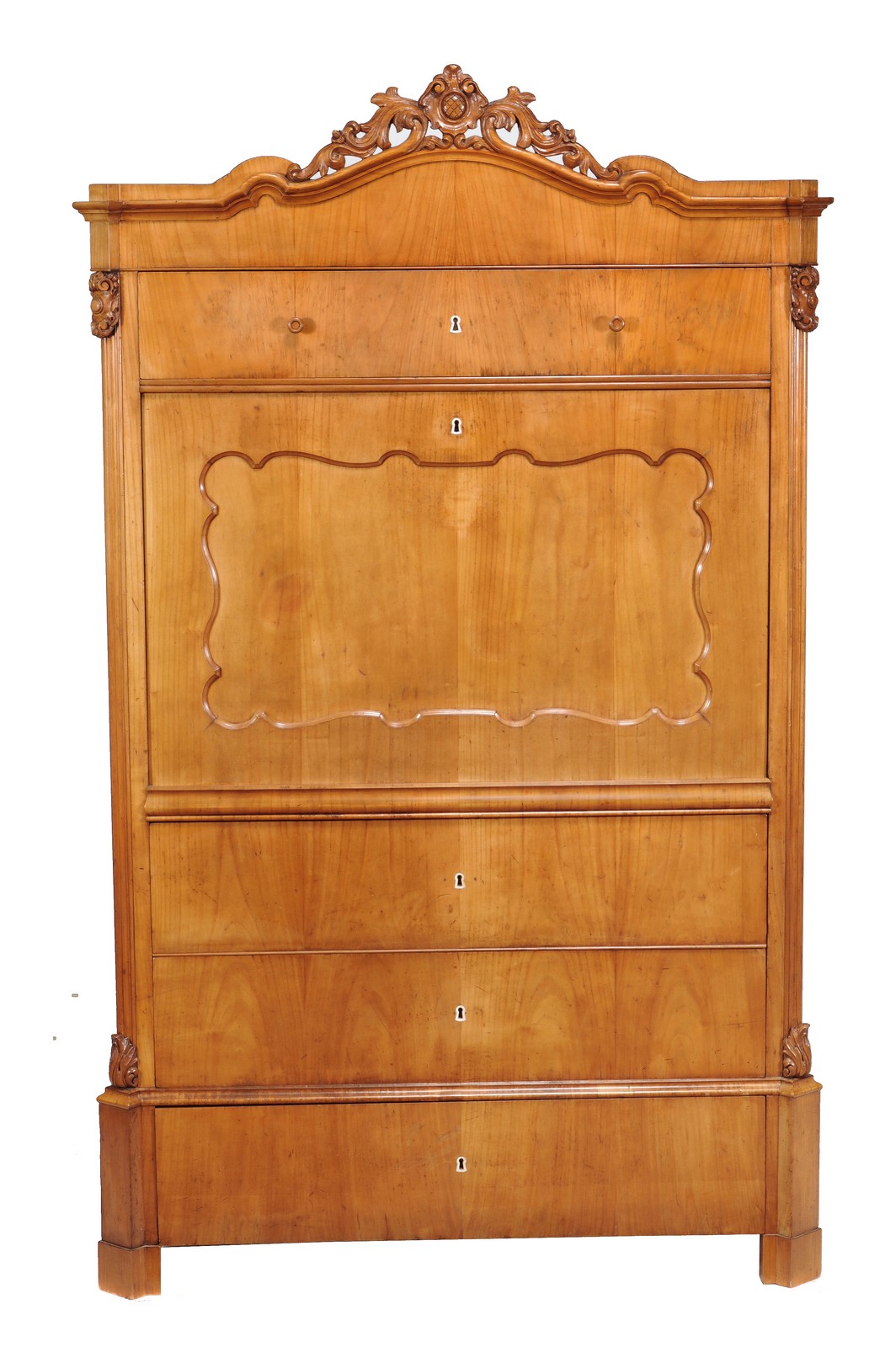 An Austrian birch and burr maple secretaire a abbatant, circa 1830-40, with carved crest over a