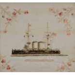 An embroidered picture of HMS Prince of Wales, floral decorated to corners, 42cm x 45.5cm